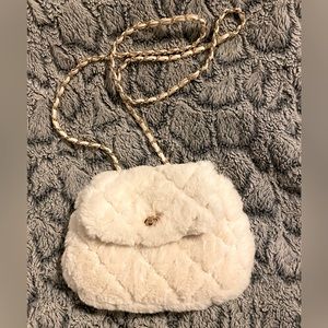 White quilted plush fur crossbody chain strap evening bag